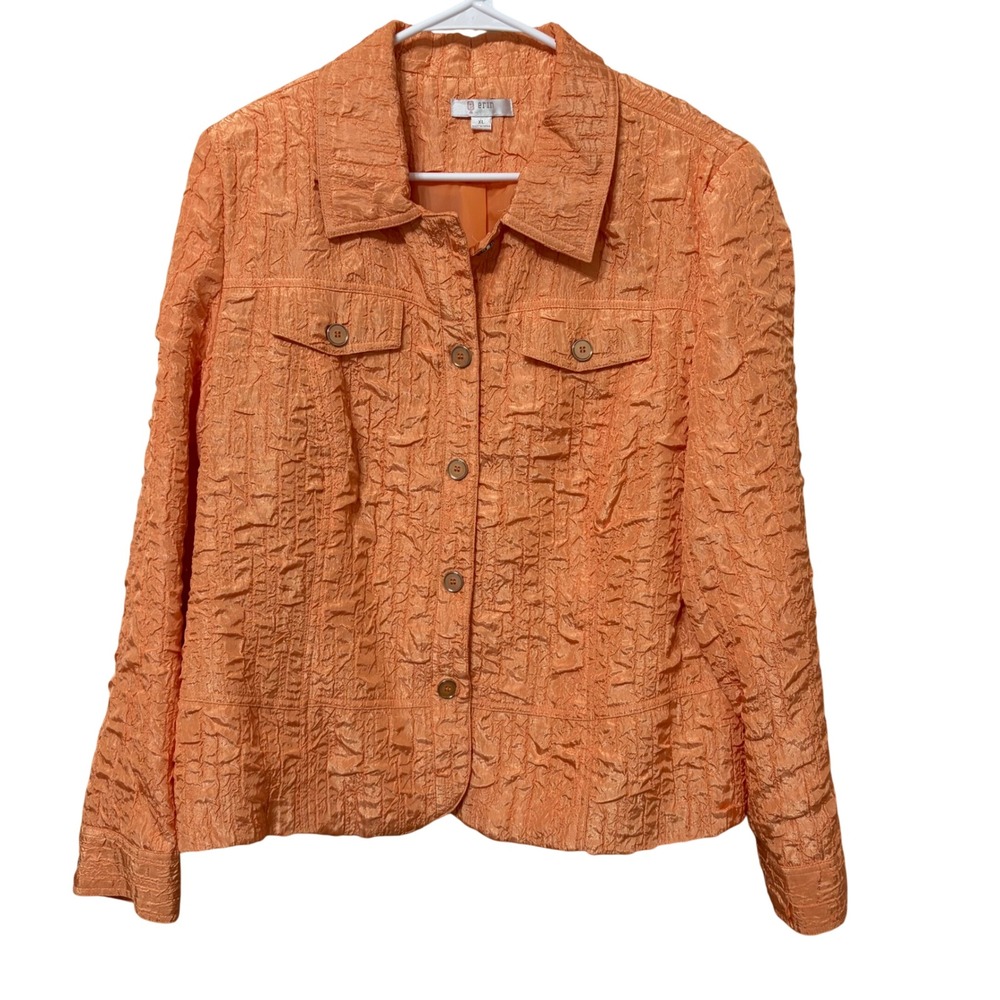 Erin Womens XL Orange Crinkled Textured Button Front Long Sleeve Jacket Pockets